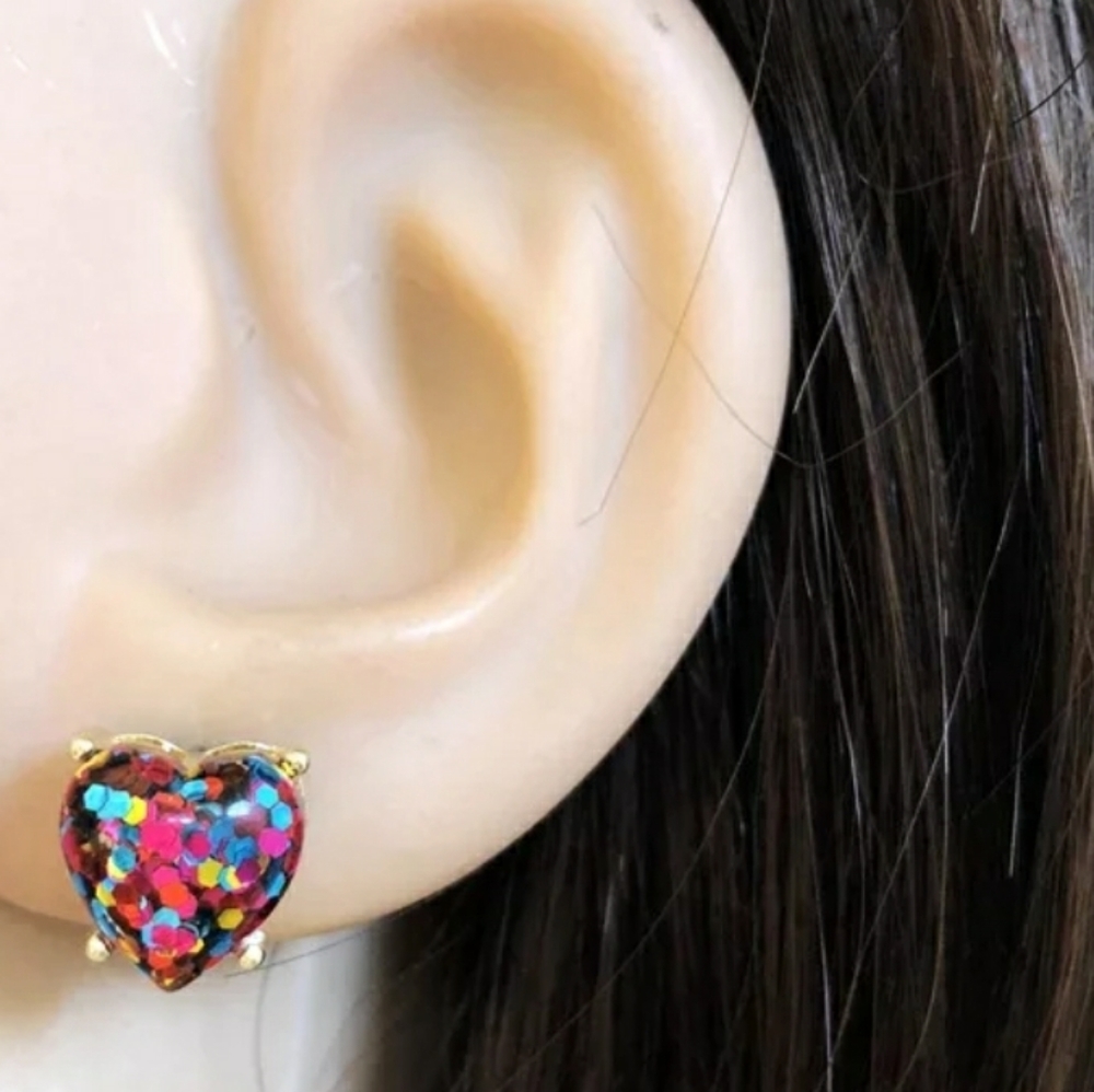 HEART GLITTER STUD EARRINGS - Picture 1 of 2